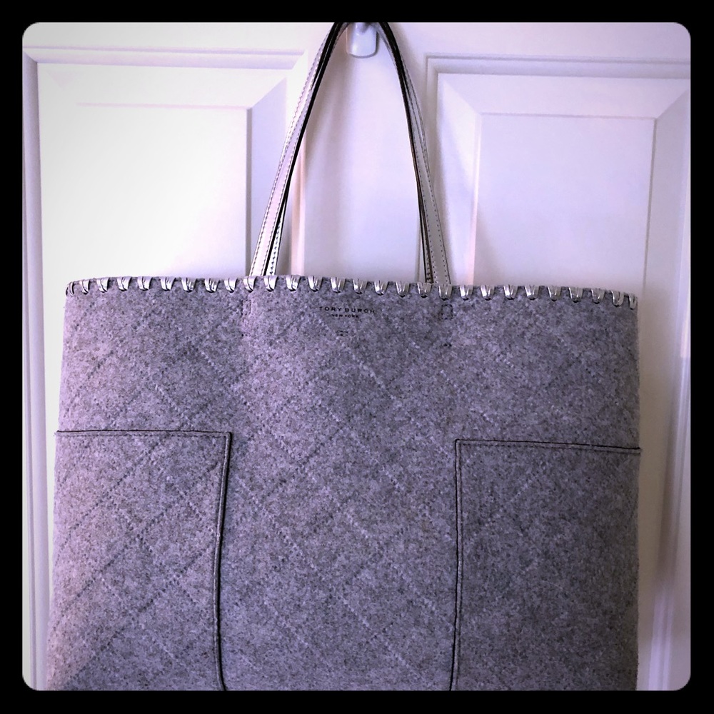 Tory Burch Grey Felt Tote with Silver Trim